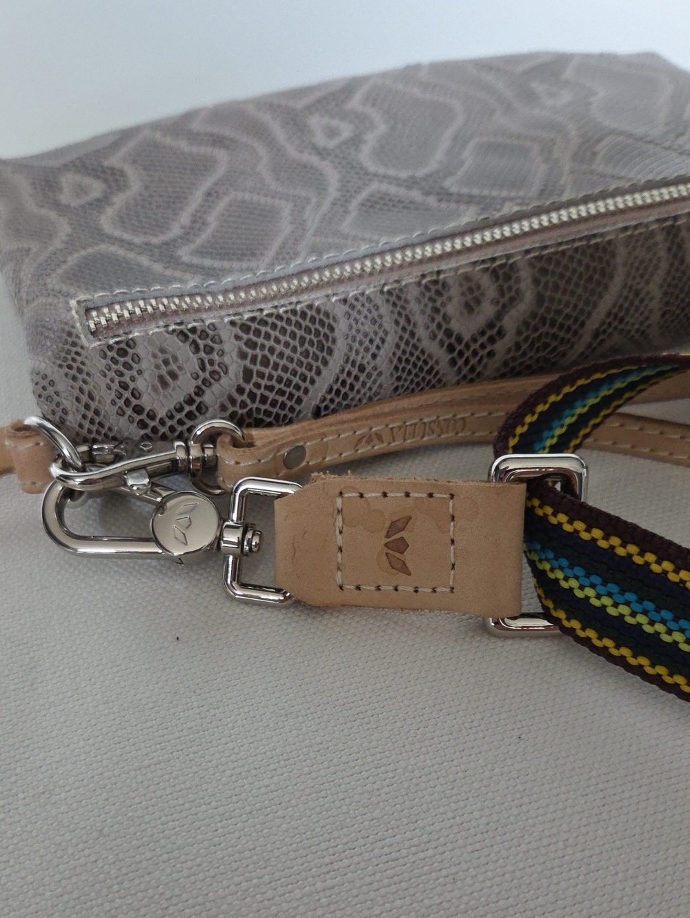 Consuela Taupe Snake-Print Crossbody with Multicolor Stripe Strap - Picture 4 of 4